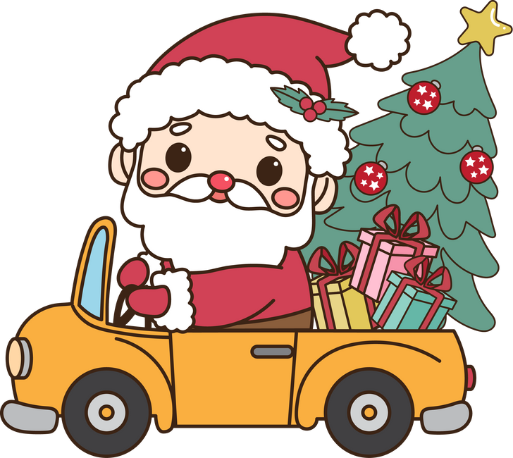 Cute Santa Claus driving car to delivery Christmas gifts